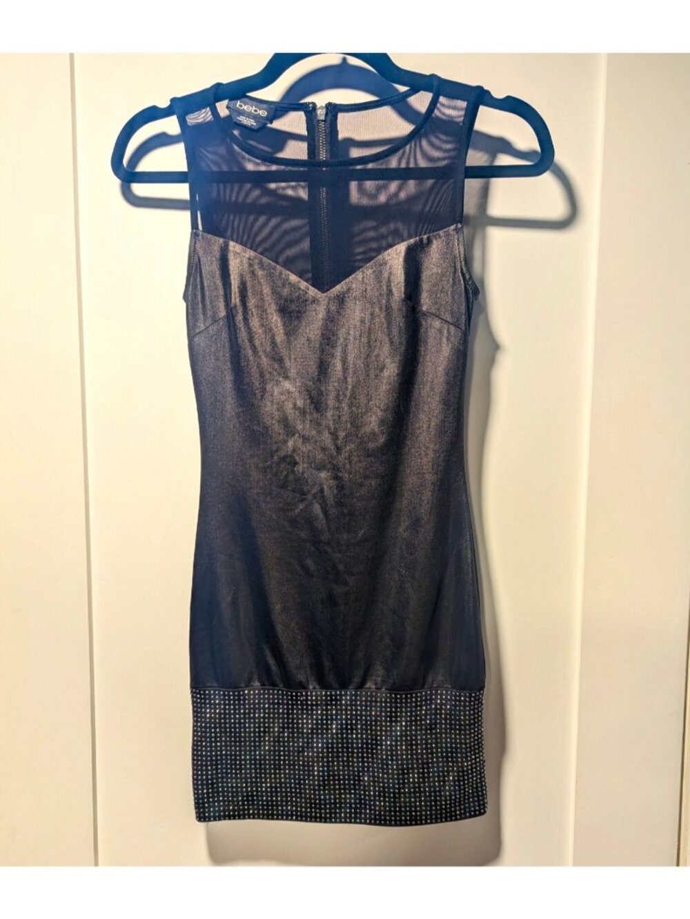 bebe Black Sheer Mesh Rhinestone Trim Bodycon Mini Dress Sleeveless XXS